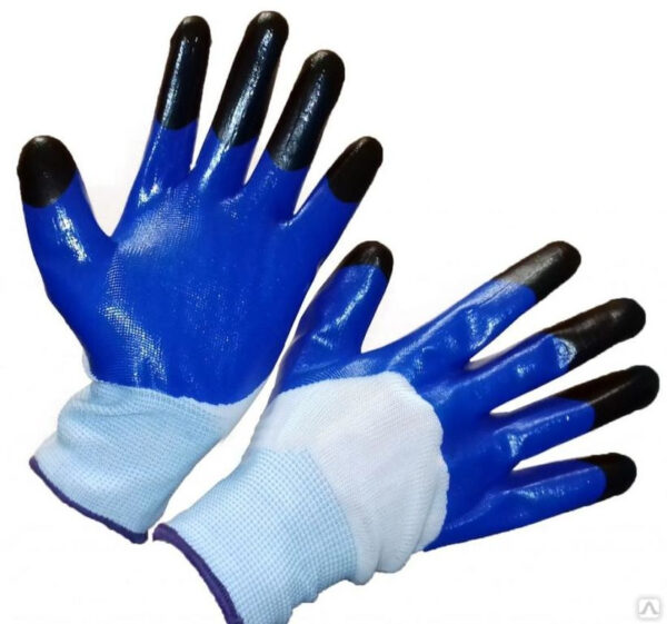 Перчатки нейл. с 2-м нитр. покр. чёрные пальцы (синие)